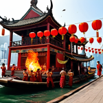 **Image Prompt:** A vibrant scene of the Tin Hau Festival in Hong Kong. Capture a decorated junk boat with colorful flags sailing near the Joss House Bay Tin Hau Temple. Include people dressed in traditional clothing, burning incense, and paying respects to the sea goddess Tin Hau. The atmosphere should be festive and bustling, with traditional lion dances and dragon dances in the background.