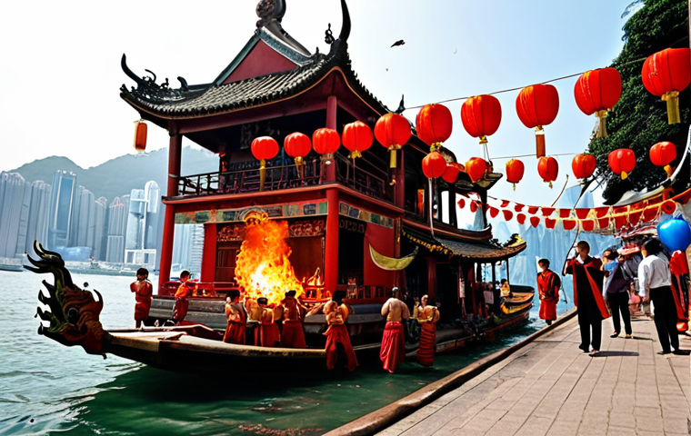 **Image Prompt:** A vibrant scene of the Tin Hau Festival in Hong Kong. Capture a decorated junk boat with colorful flags sailing near the Joss House Bay Tin Hau Temple. Include people dressed in traditional clothing, burning incense, and paying respects to the sea goddess Tin Hau. The atmosphere should be festive and bustling, with traditional lion dances and dragon dances in the background.