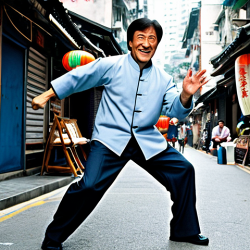 Home 14 A dynamic full-body shot of Jackie Chan, fully clothed in appropriate action attire, mid-action sequence, playfully utilizing an everyday object like a chair or ladder as both a prop and a comedic element. He is performing a precise martial arts move mixed with his signature slapstick humor, showing agility and cleverness. The background is a bustling, well-lit Hong Kong street market or a traditional urban alley, filled with subtle details. Professional film photography, high detail, natural body proportions, perfect anatomy, correct proportions, well-formed hands, proper finger count, natural pose. Cinematic lighting, safe for work, appropriate content, fully clothed, family-friendly.
