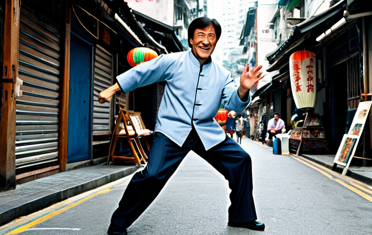 A dynamic full-body shot of Jackie Chan, fully clothed in appropriate action attire, mid-action sequence, playfully utilizing an everyday object like a chair or ladder as both a prop and a comedic element. He is performing a precise martial arts move mixed with his signature slapstick humor, showing agility and cleverness. The background is a bustling, well-lit Hong Kong street market or a traditional urban alley, filled with subtle details. Professional film photography, high detail, natural body proportions, perfect anatomy, correct proportions, well-formed hands, proper finger count, natural pose. Cinematic lighting, safe for work, appropriate content, fully clothed, family-friendly.