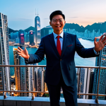 A professional individual in a modest business suit, standing on a high-rise balcony overlooking the vibrant Hong Kong cityscape at dusk. Towering glass skyscrapers, a distant Victoria Harbour filled with light, and hints of bustling streets below with red taxis. The atmosphere is energetic and dynamic. Perfect anatomy, correct proportions, natural pose, well-formed hands, proper finger count, natural body proportions, professional photography, high quality, safe for work, appropriate content, fully clothed, family-friendly, appropriate attire, professional dress.