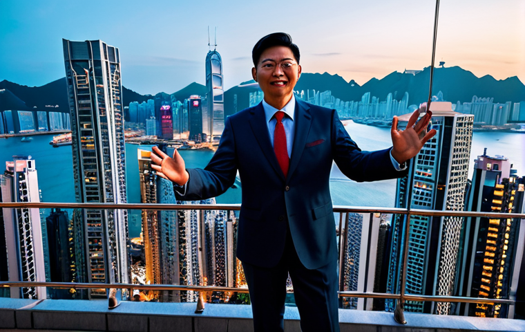 A professional individual in a modest business suit, standing on a high-rise balcony overlooking the vibrant Hong Kong cityscape at dusk. Towering glass skyscrapers, a distant Victoria Harbour filled with light, and hints of bustling streets below with red taxis. The atmosphere is energetic and dynamic. Perfect anatomy, correct proportions, natural pose, well-formed hands, proper finger count, natural body proportions, professional photography, high quality, safe for work, appropriate content, fully clothed, family-friendly, appropriate attire, professional dress.