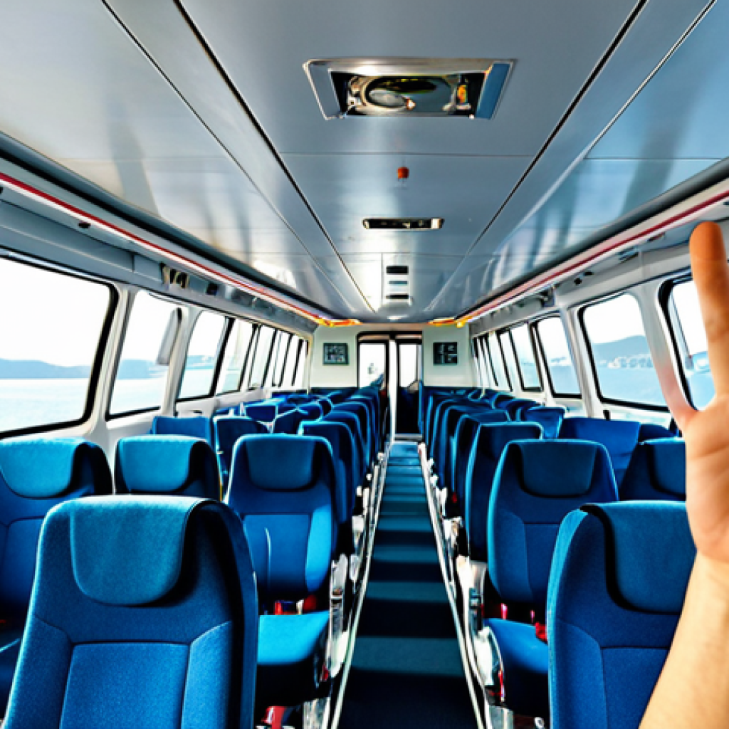 **
A modern passenger ferry, mid-journey between Hong Kong and Macau. The ferry is depicted on open water under a bright, clear sky. Inside, passengers are seated comfortably in modest clothing. Focus on showing the interior with natural lighting. safe for work, appropriate content, fully clothed, professional, perfect anatomy, correct proportions, natural pose, well-formed hands, proper finger count, natural body proportions.
**