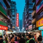 Home 22 홍콩과 중국의 일국양제 정책 - **Prompt:** A vibrant, bustling street scene in Hong Kong's Mong Kok district at night, capturing th...