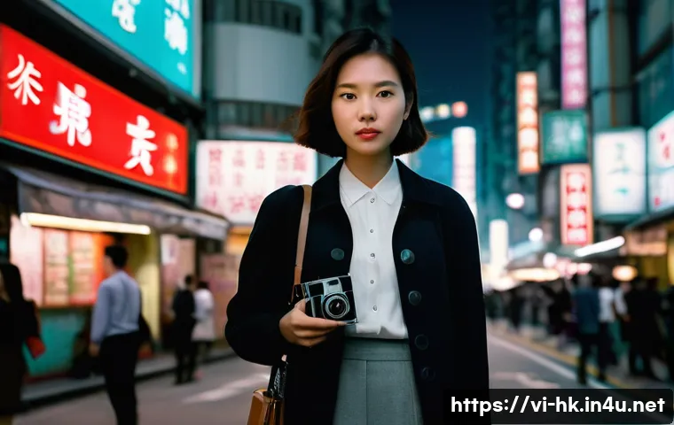 홍콩 언론 자유 침해 사건 - **Prompt:** A solemn young female journalist, dressed in a smart, business-casual outfit, stands ami...