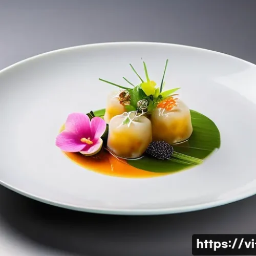 Home 32 홍콩 셰프 알빈 렁의 요리 철학 - A sophisticated fusion dish inspired by Alvin Leung’s culinary style, featuring a vibrant dim sum pl...