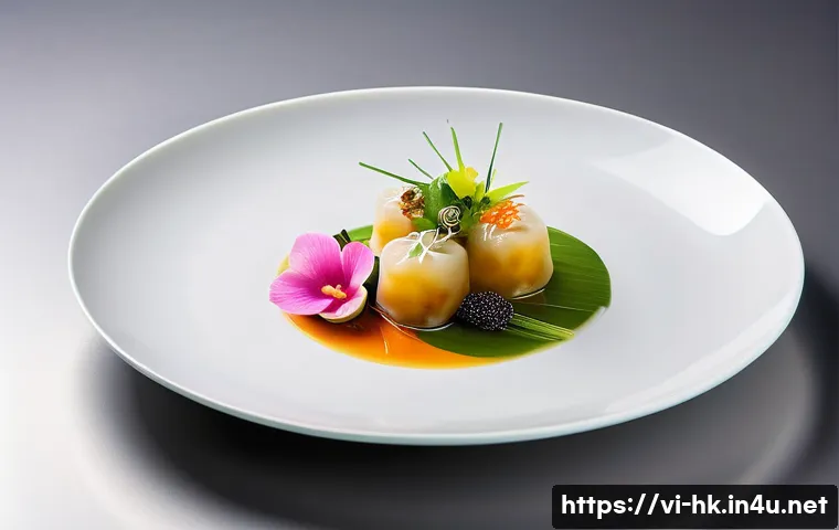 홍콩 셰프 알빈 렁의 요리 철학 - A sophisticated fusion dish inspired by Alvin Leung’s culinary style, featuring a vibrant dim sum pl...