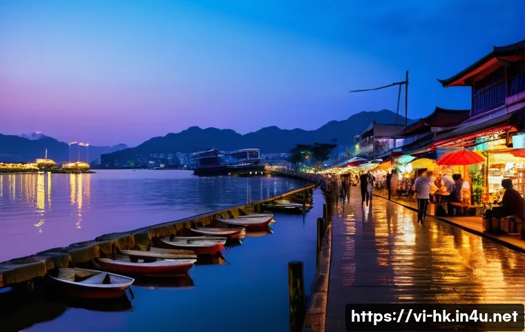 침사추이 야경 감상 방법 - A vibrant nighttime scene at a bustling Vietnamese harbor promenade, featuring colorful reflections ...