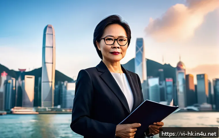 홍콩 정치인 캐리 람 프로필 - A confident middle-aged Asian woman wearing a professional dark business suit and glasses, standing ...